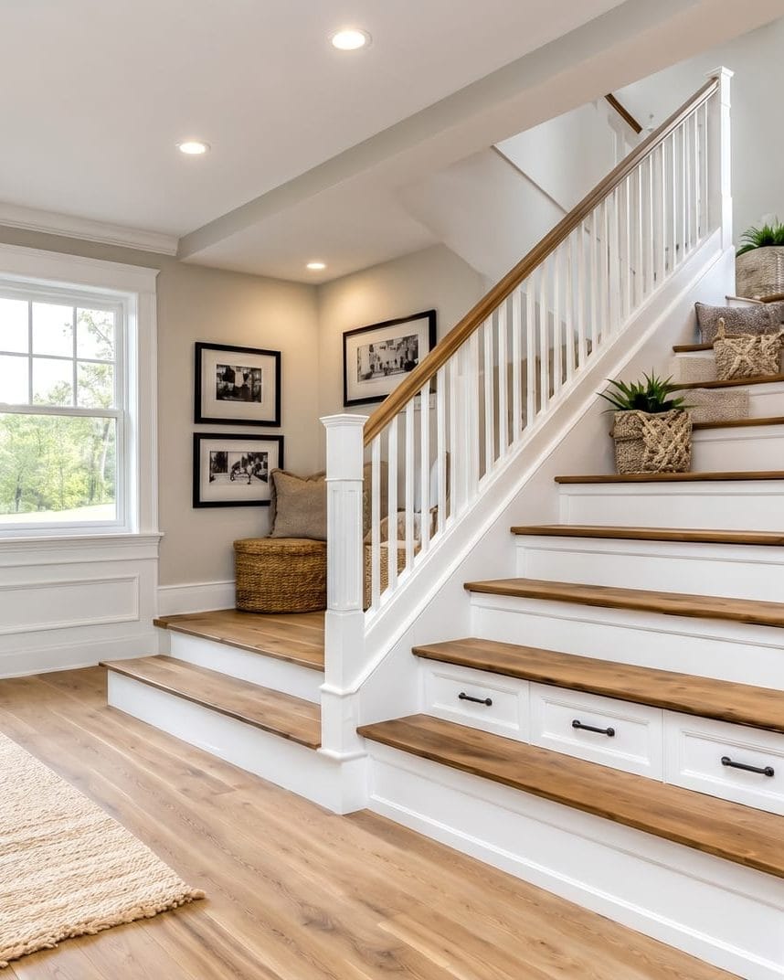 Newly installed hardwood flooring leading up a staircase in a bright home interior