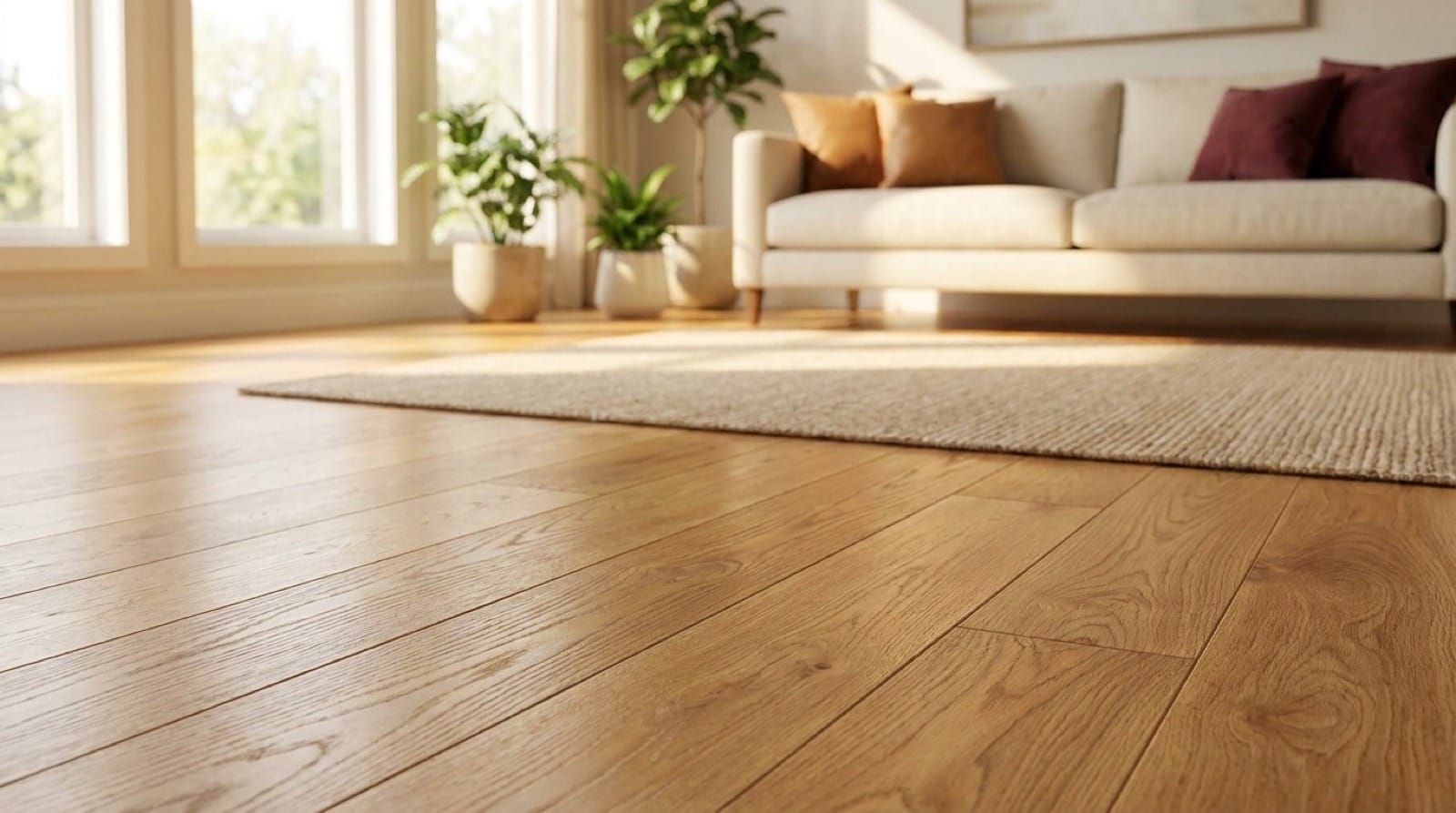 Bright modern kitchen and living space with new wood-look flooring
