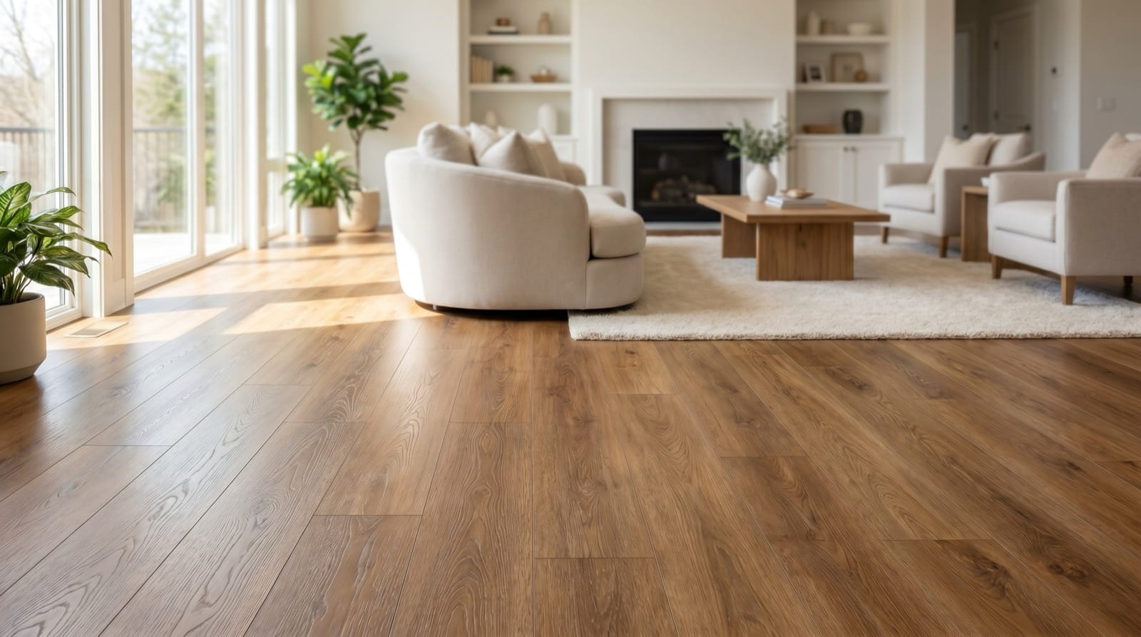 Open living area with warm luxury vinyl plank flooring