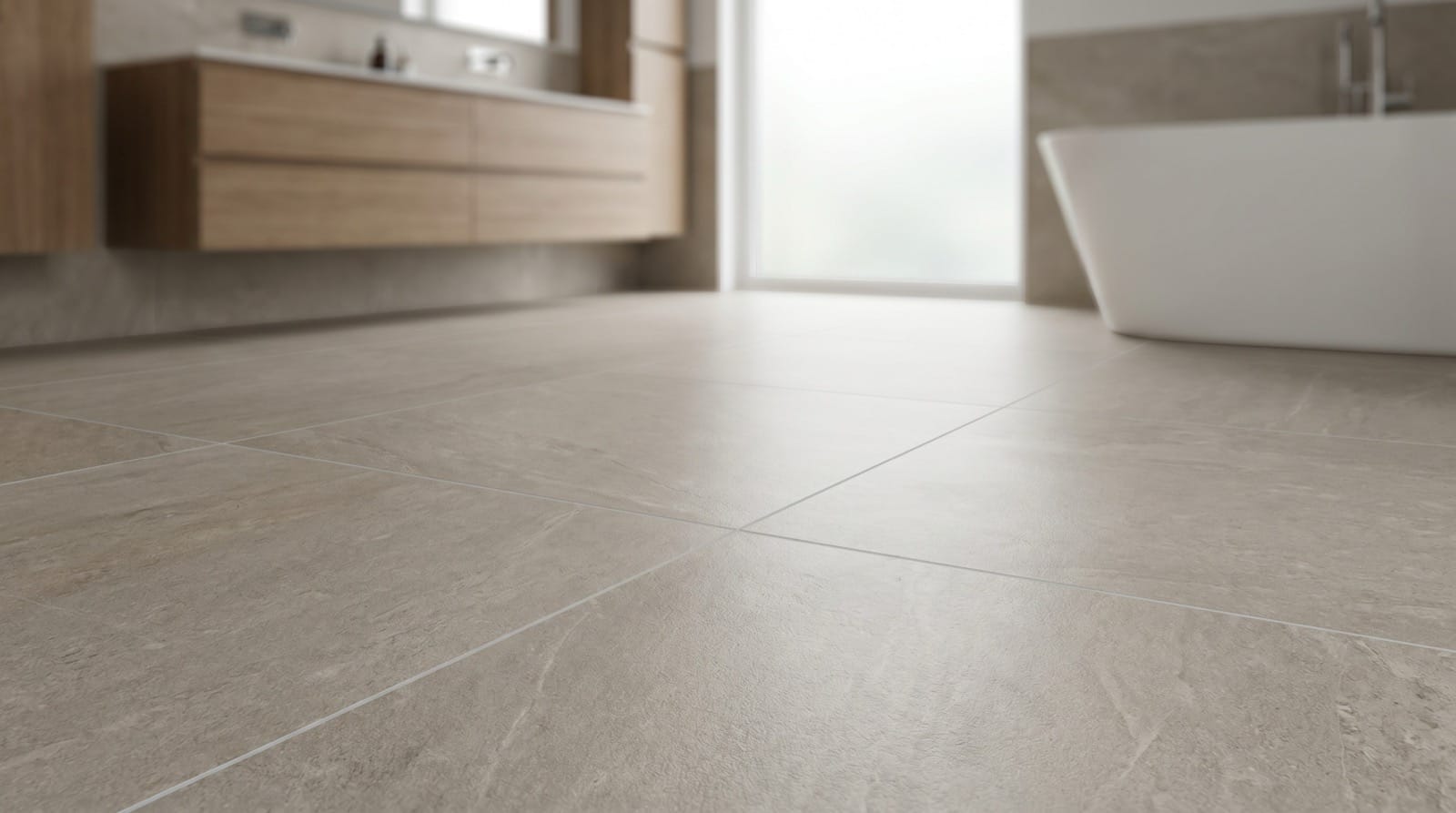 Modern bathroom with large porcelain floor tile